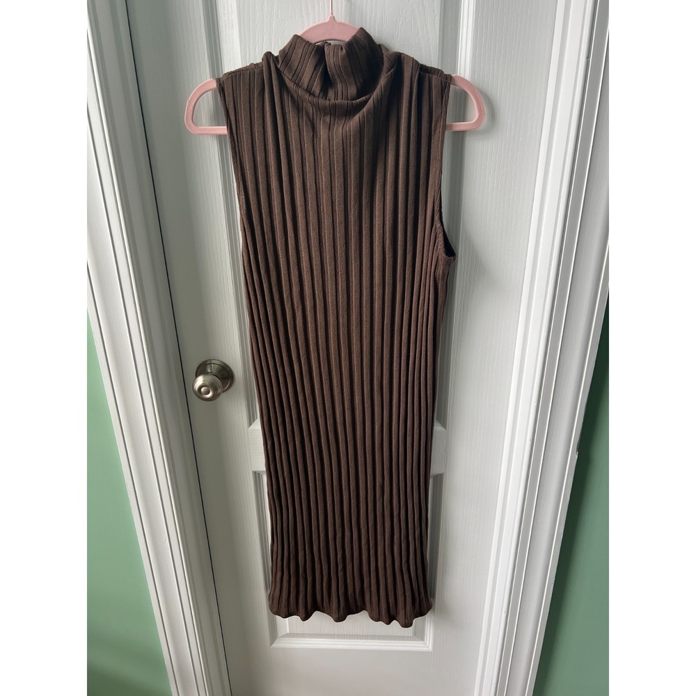 Zara Ribbed Sleeveless Knit Midi Dress Double High Slit Mink Brown Size L - Picture 2 of 5